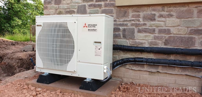 Mitsubishi air to water heat pump installed by United Trades
